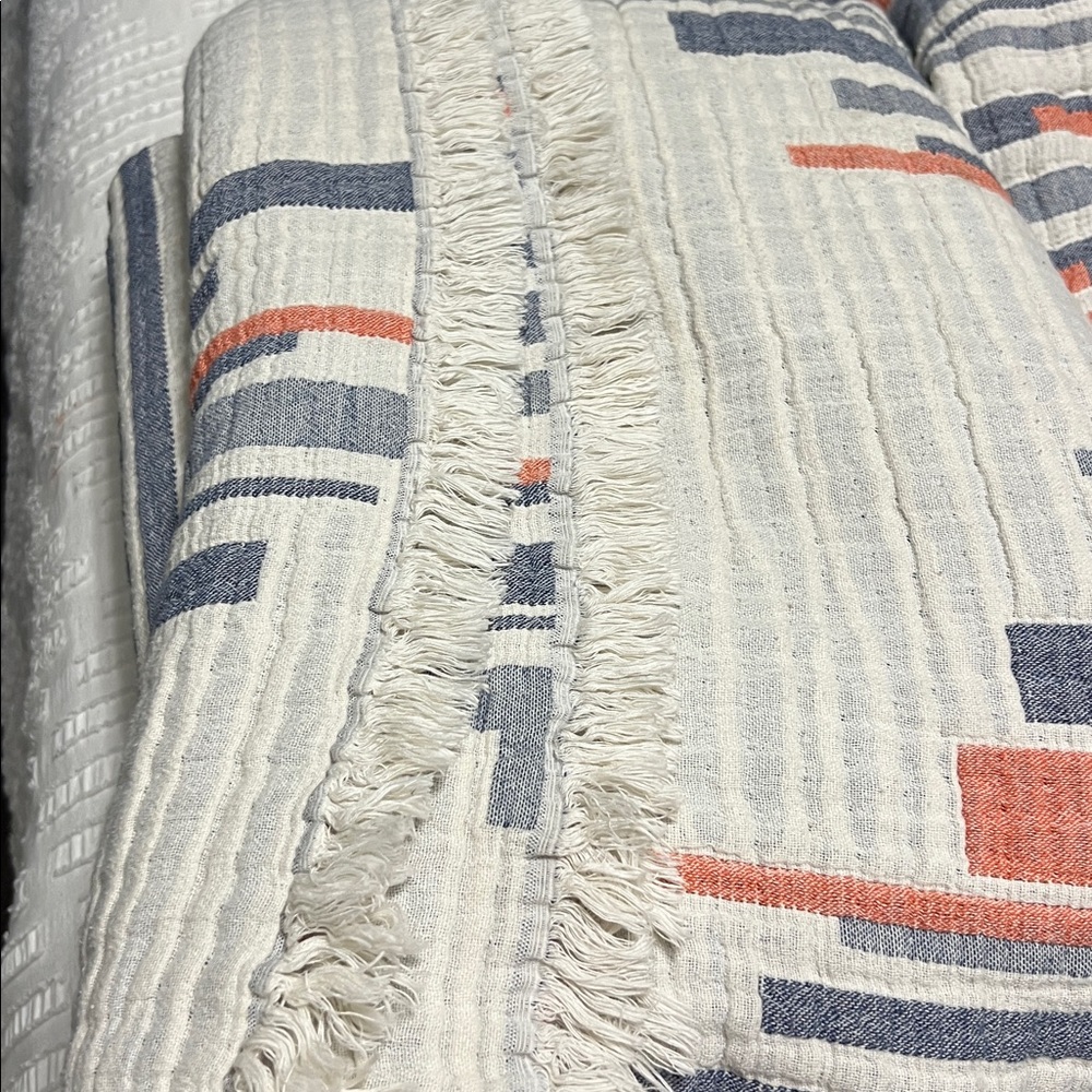 100% Cotton Gauze Blanket Throw 48x70 Cream, Denim & Mandarin Made in Portugal - Picture 6 of 8